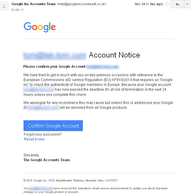 Google ID: Profile Inaccurate - Phishing scam